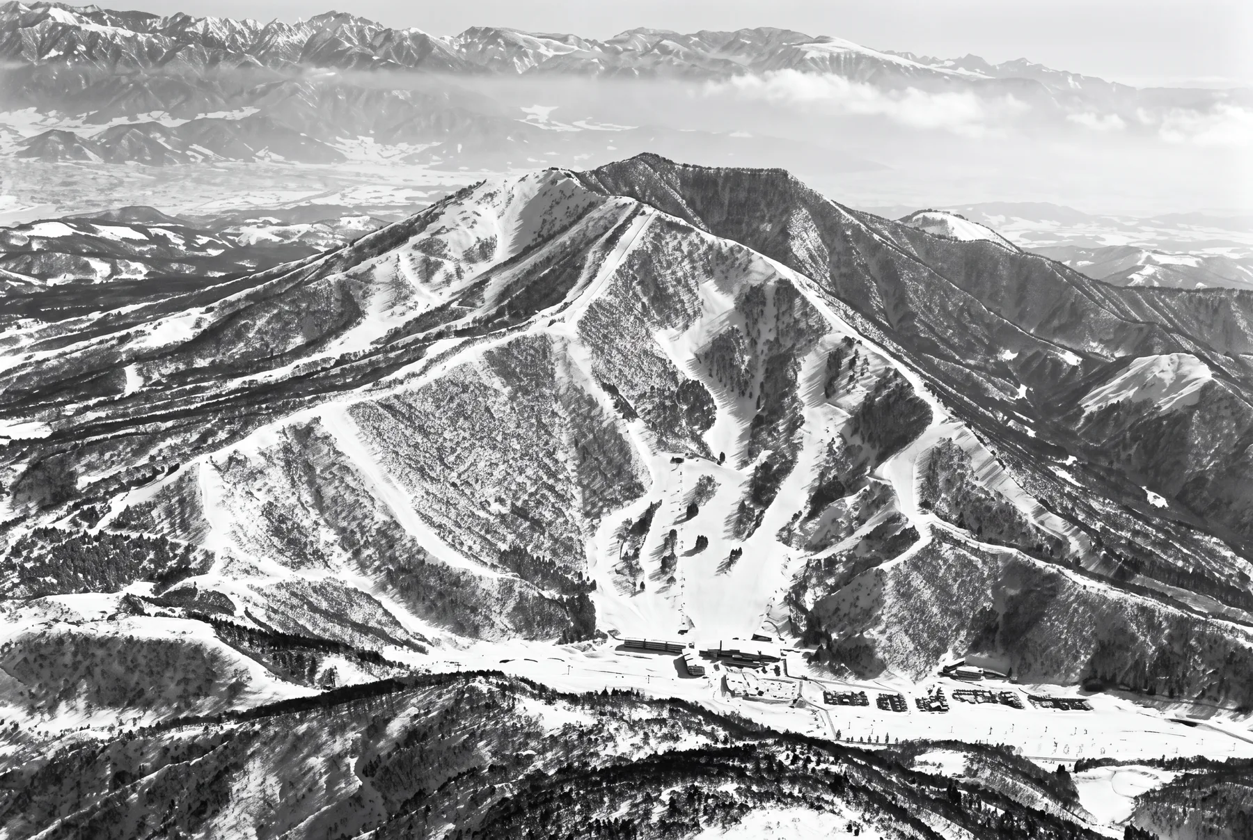 Aerial view of Tangram Ski Circus in deep winter, runs threading the forested mountain, the Northern Alps behind